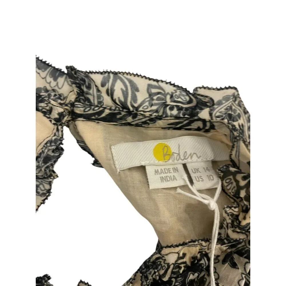 Boden Womens Swing Top UK 14 US 10 Black Paisley Ruffled Cottagecore T1231 NWT